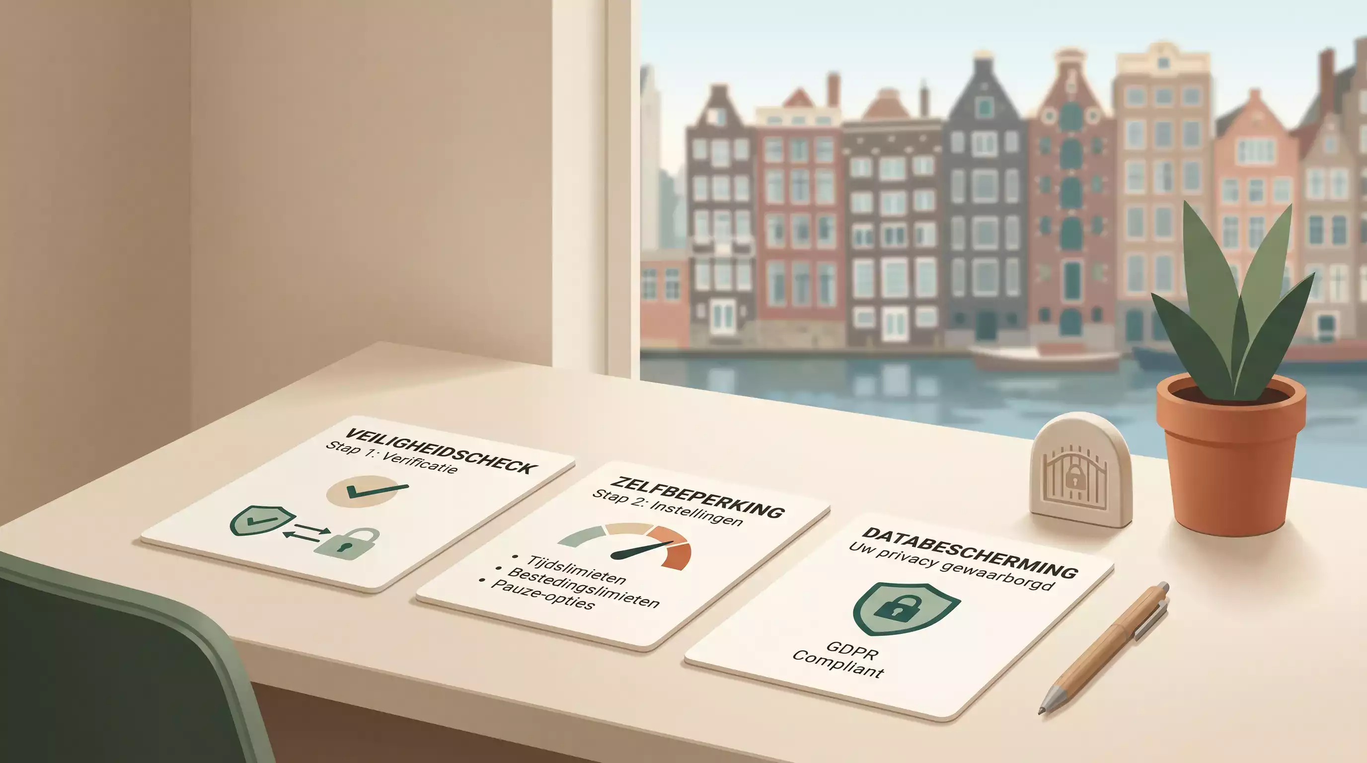 Rustige illustratie van een gokstopcontrole en veilige keuzes rond online spelen