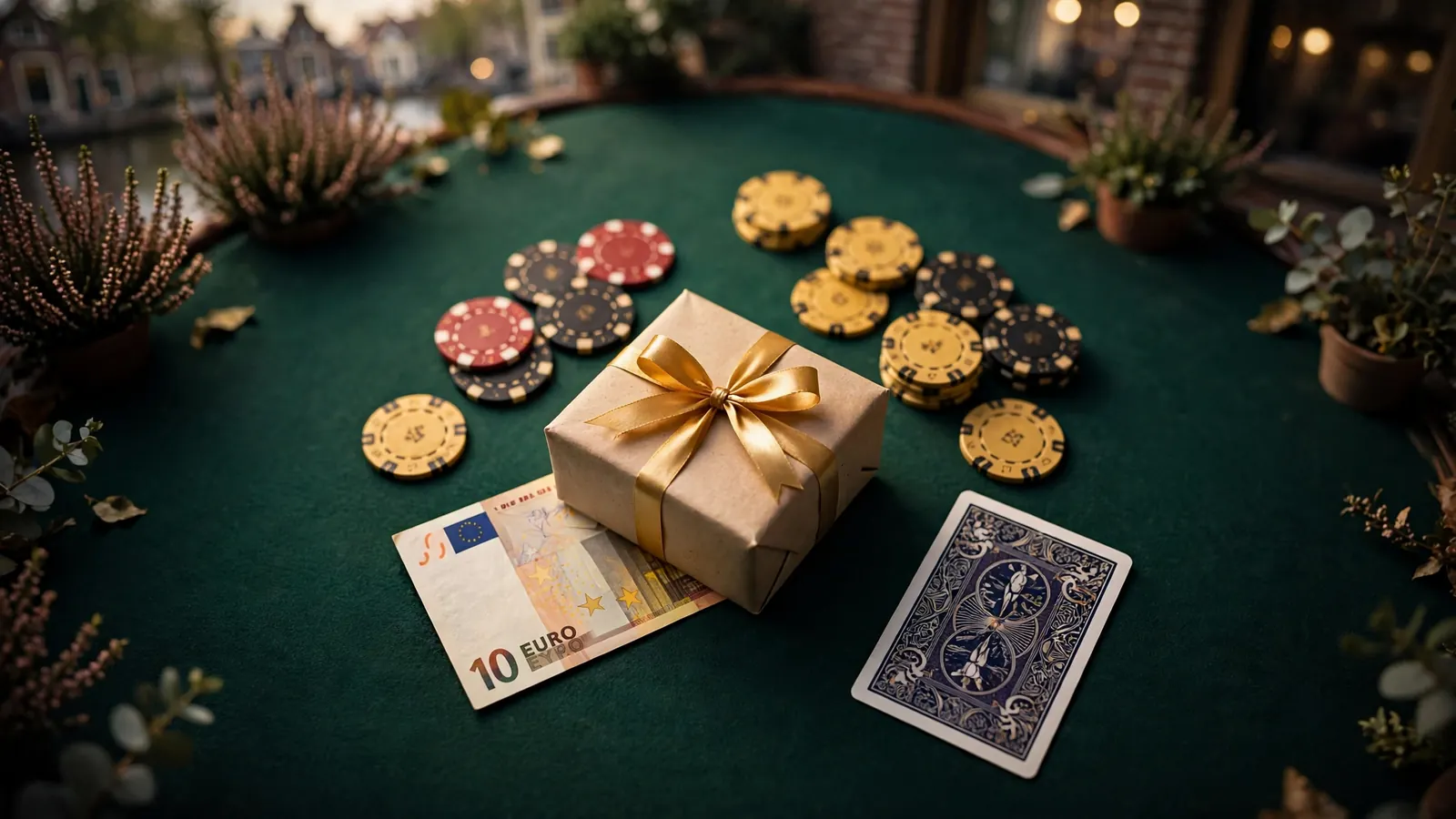 Casinochips, cadeau en een tien euro biljet op een groene speeltafel