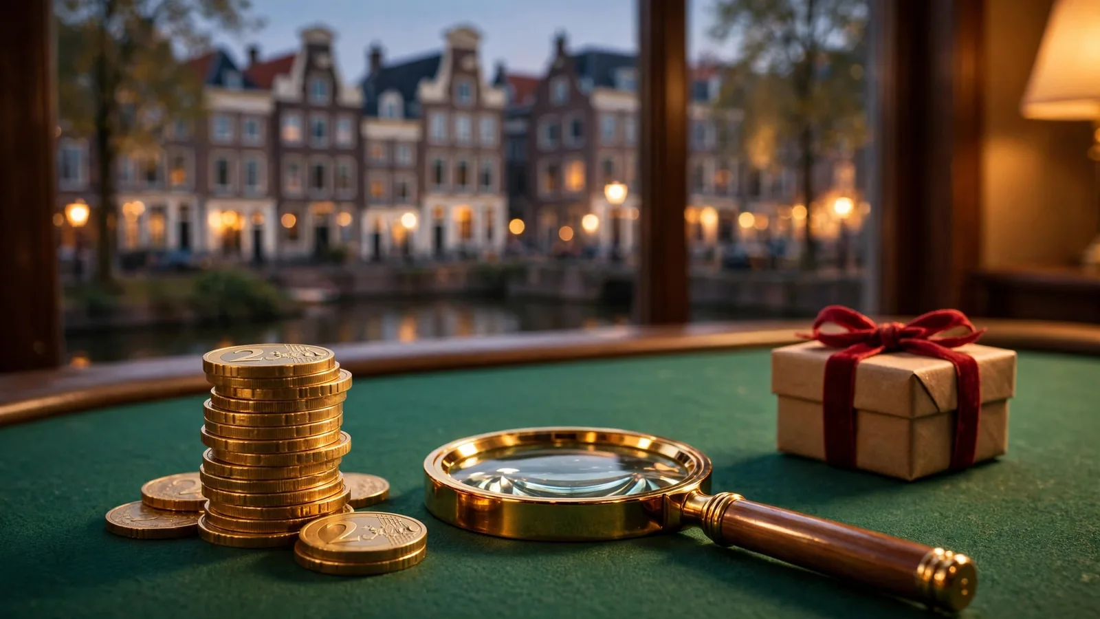 Stapel gouden euromunten met een cadeaudoos op een casinotafel, Nederlandse grachtenhuizen op de achtergrond.