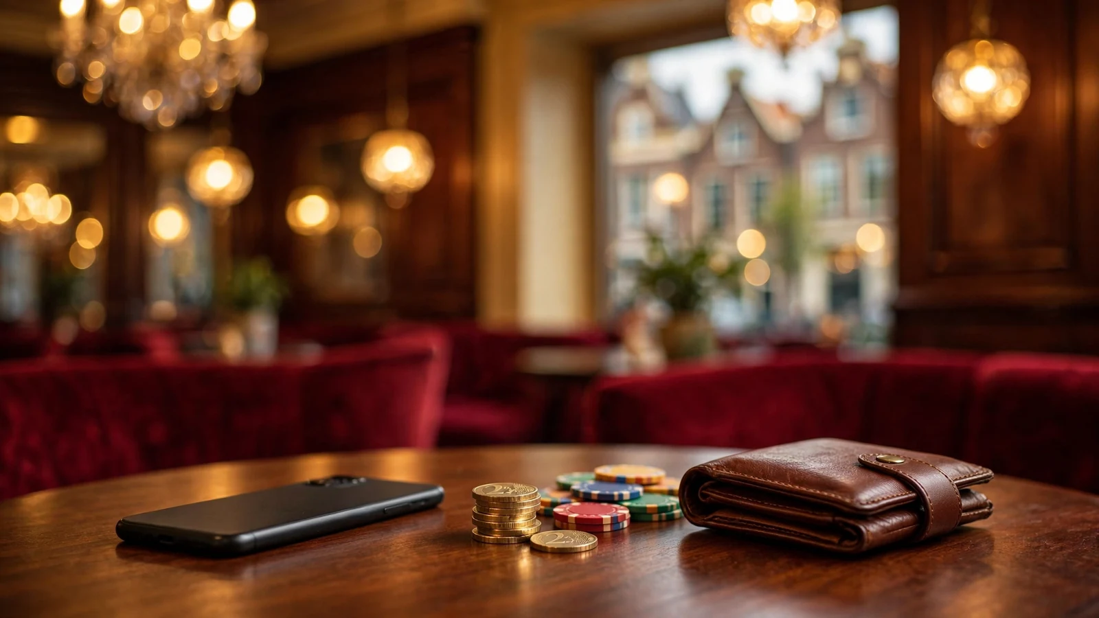Stapel euromunten en casinofiches op een houten tafel in een chique casino