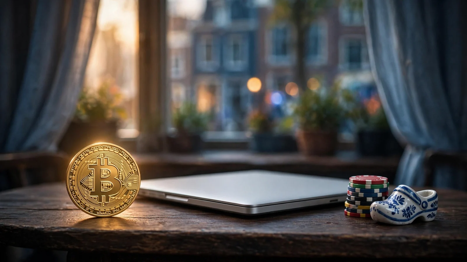 Bitcoin-munt en pokergeld op een Nederlandse cafétafel met een dichtgeklapte laptop.
