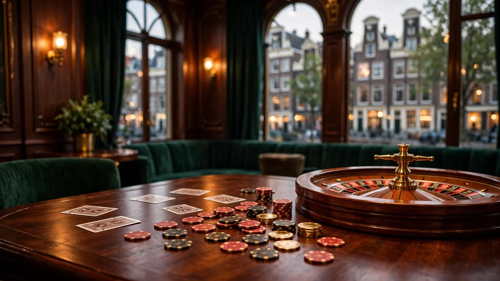 Luxe casino lounge met roulettewiel, fiches en uitzicht op Amsterdamse grachtenpanden