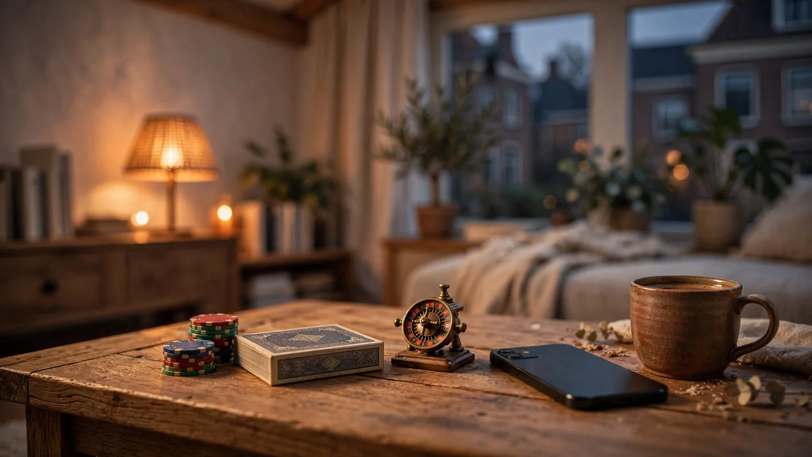 Nederlands huiskamer met casinofiches en roulette als decor, smartphone met scherm naar beneden.