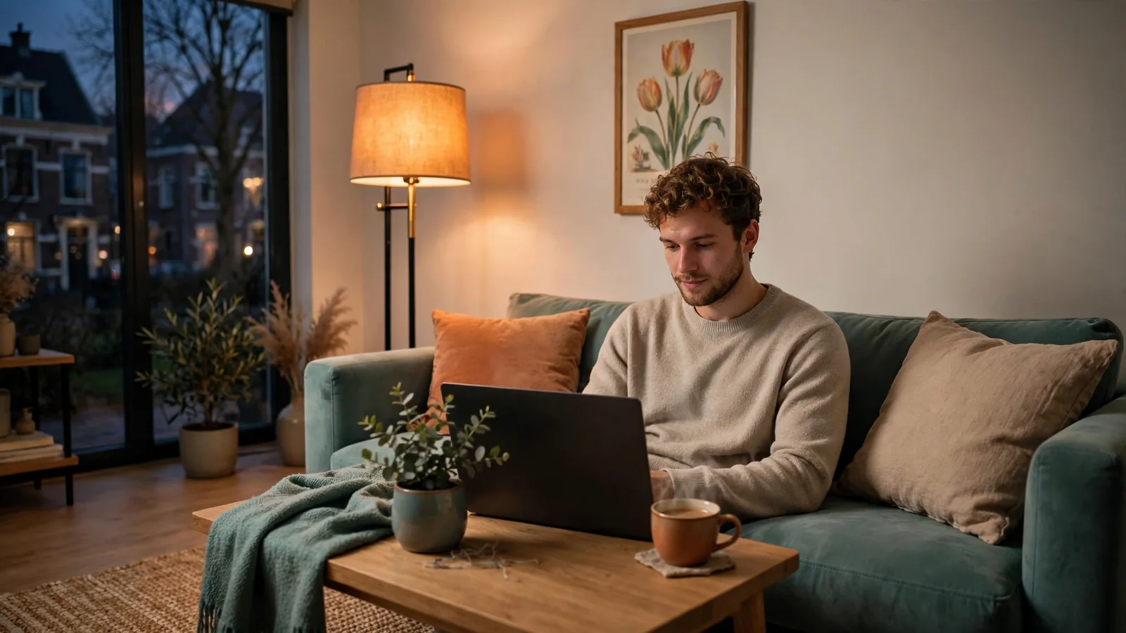 Persoon in een modern Nederlands interieur met een laptop en koffie
