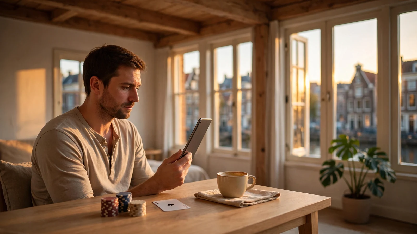 Man in een stijlvol Nederlands grachtenpand die een tablet bekijkt met casinofiches op tafel