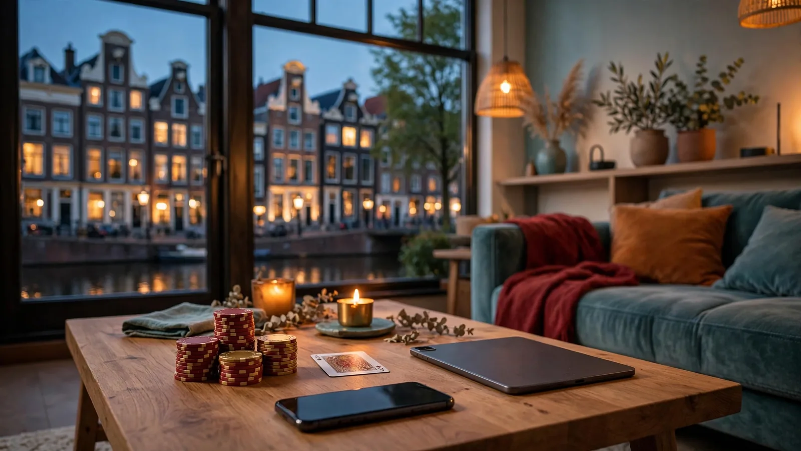 Casinochips en een telefoon met gesloten scherm op een tafel in een Nederlands interieur.