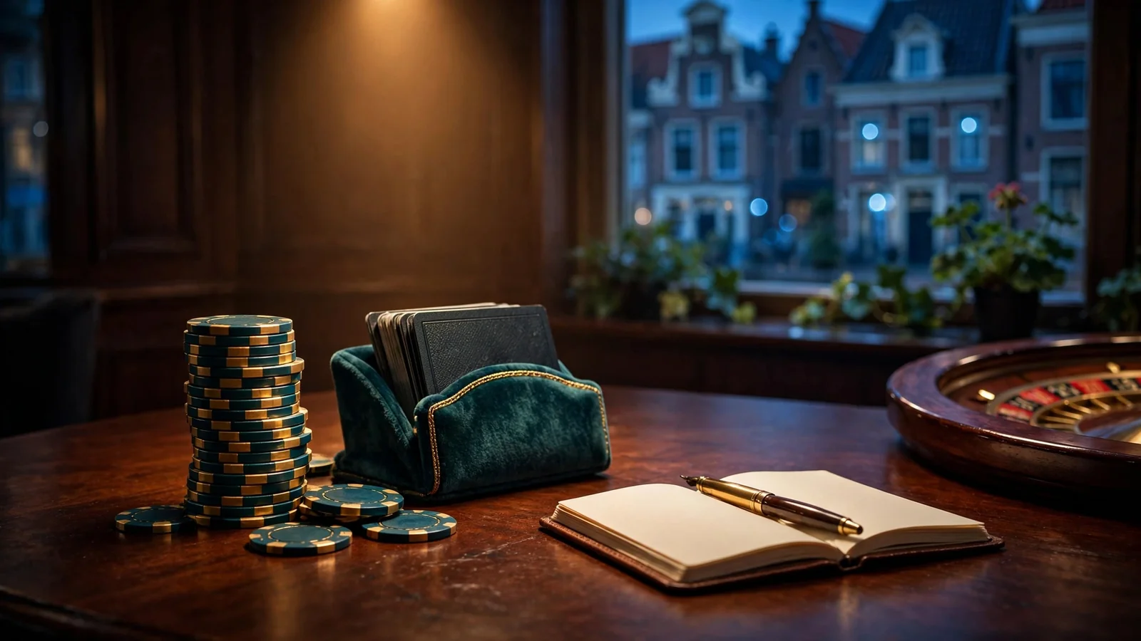 Elegante casino-opstelling met fiches, roulettewiel en kaarten op een donkere tafel