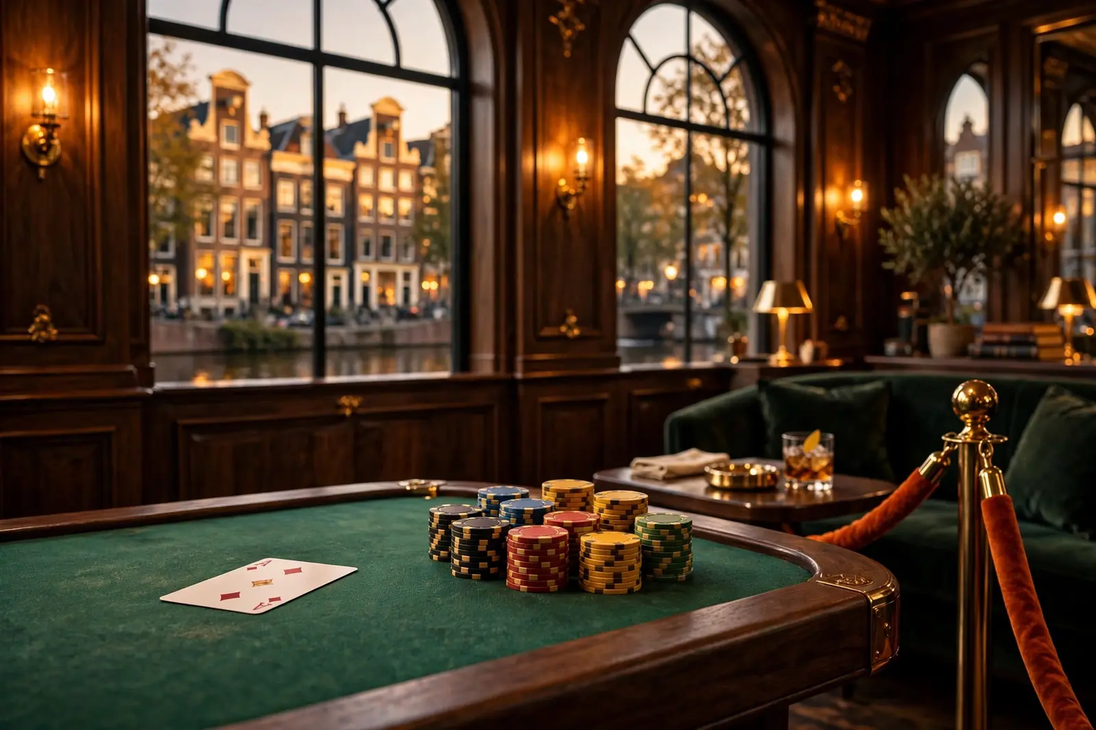 Sfeervolle Nederlandse casinokamer met speelfiches en grachtenpanden door het raam