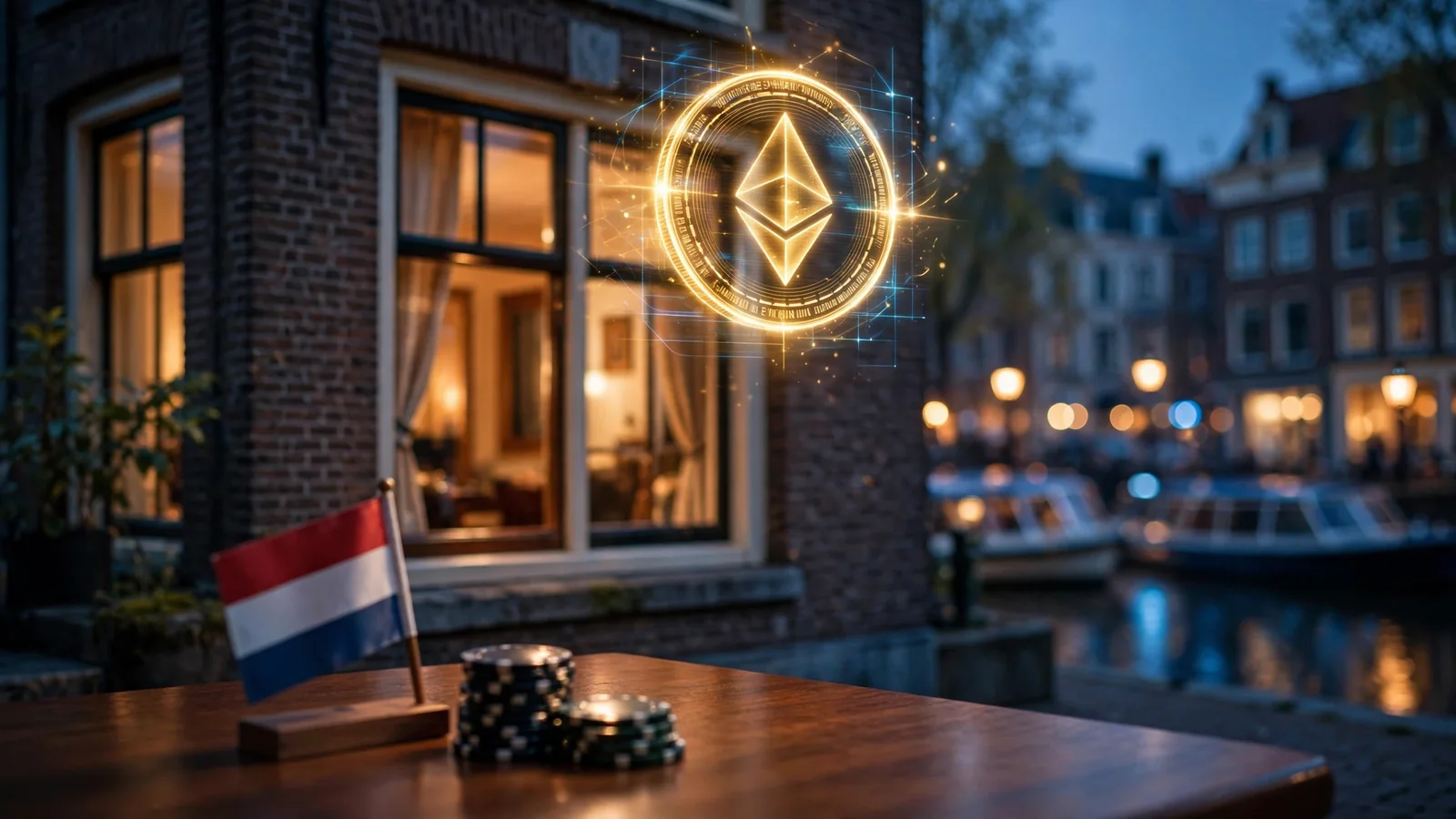 Ethereum-munt boven een Amsterlands grachtenpand met casinochips op tafel