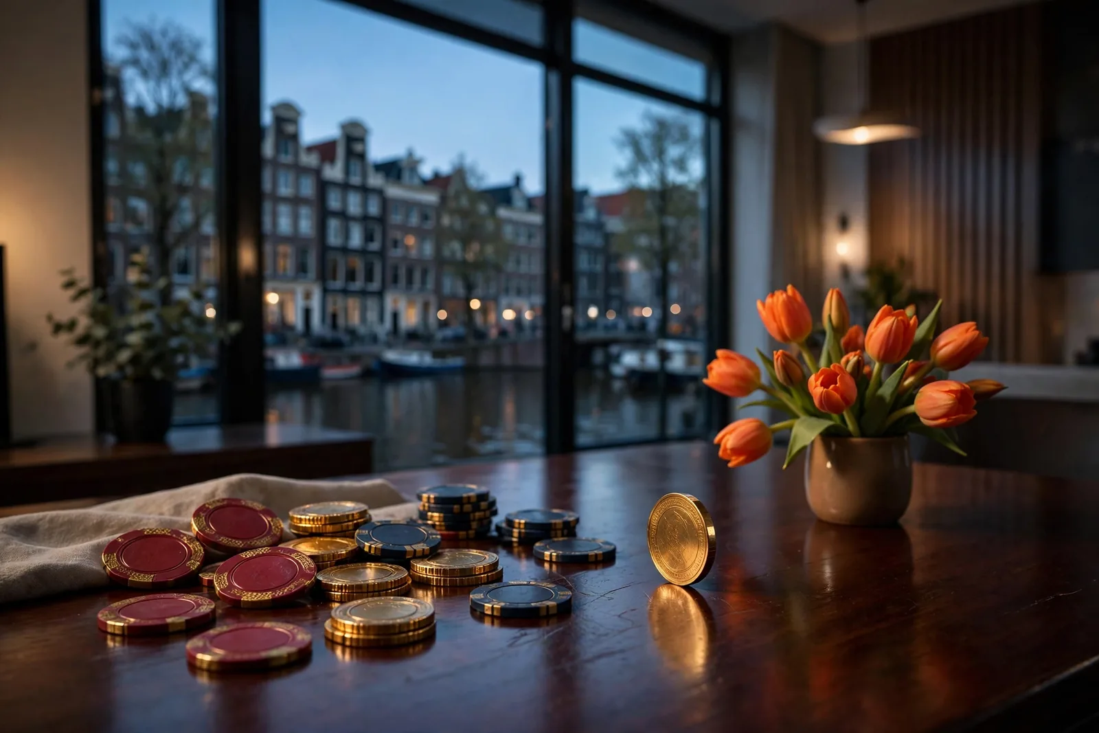Casinochips en een gouden munt met Nederlandse tulpen op een tafel