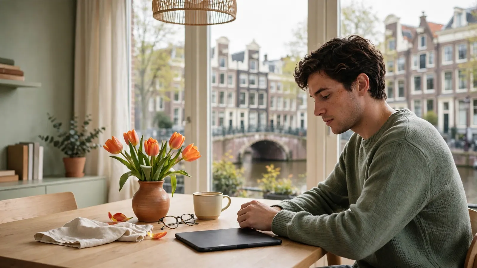 Persoon aan tafel met tablet in modern Nederlands appartement met grachtenpanden door het raam