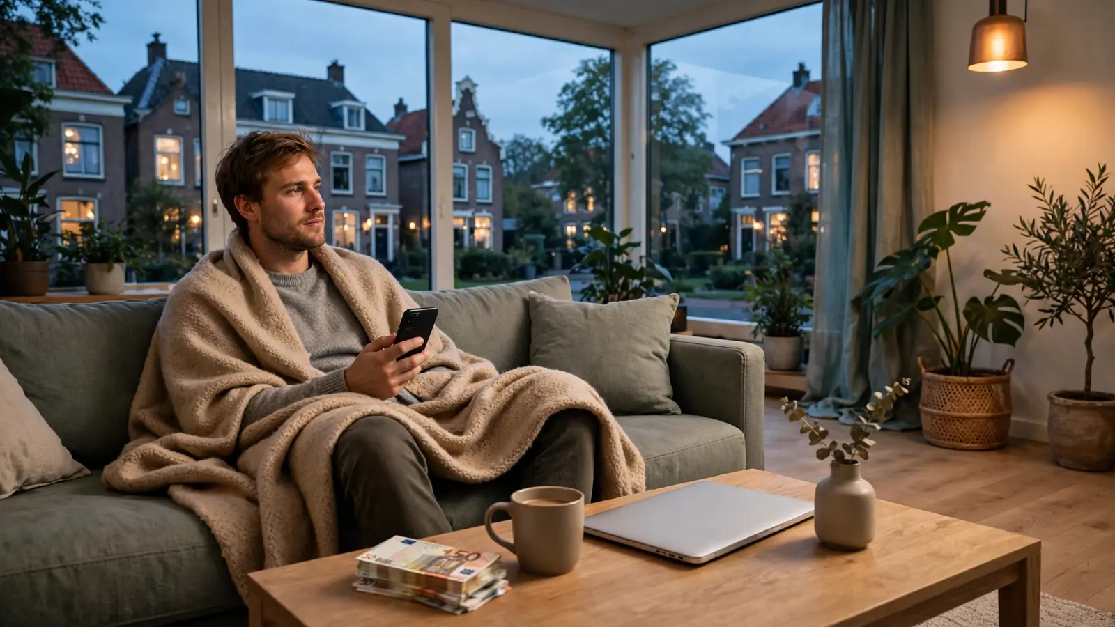 Nederlander ontspant thuis met smartphone en euro's op tafel