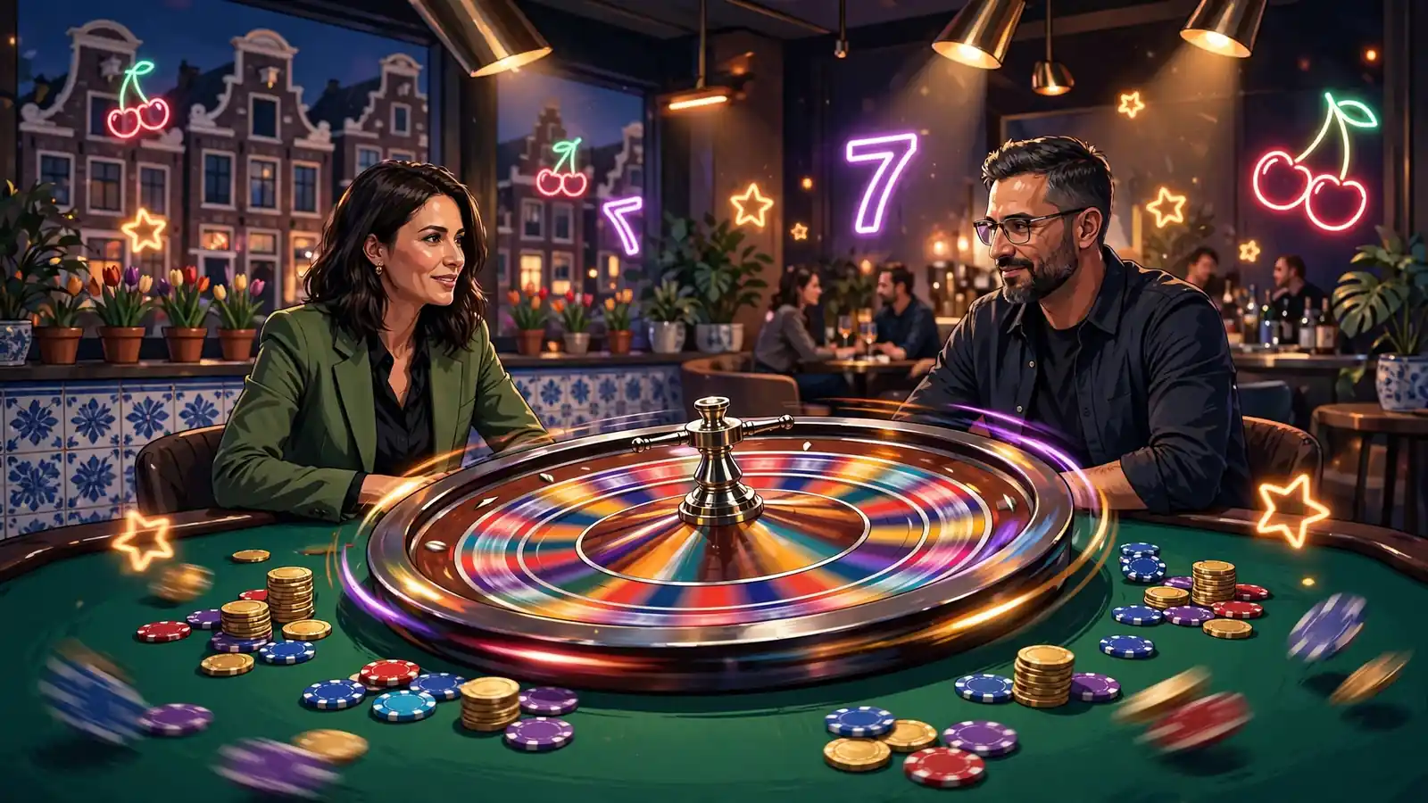 Kleurrijk casino tafel met roulettewiel en gokkast symbolen in neon stijl.