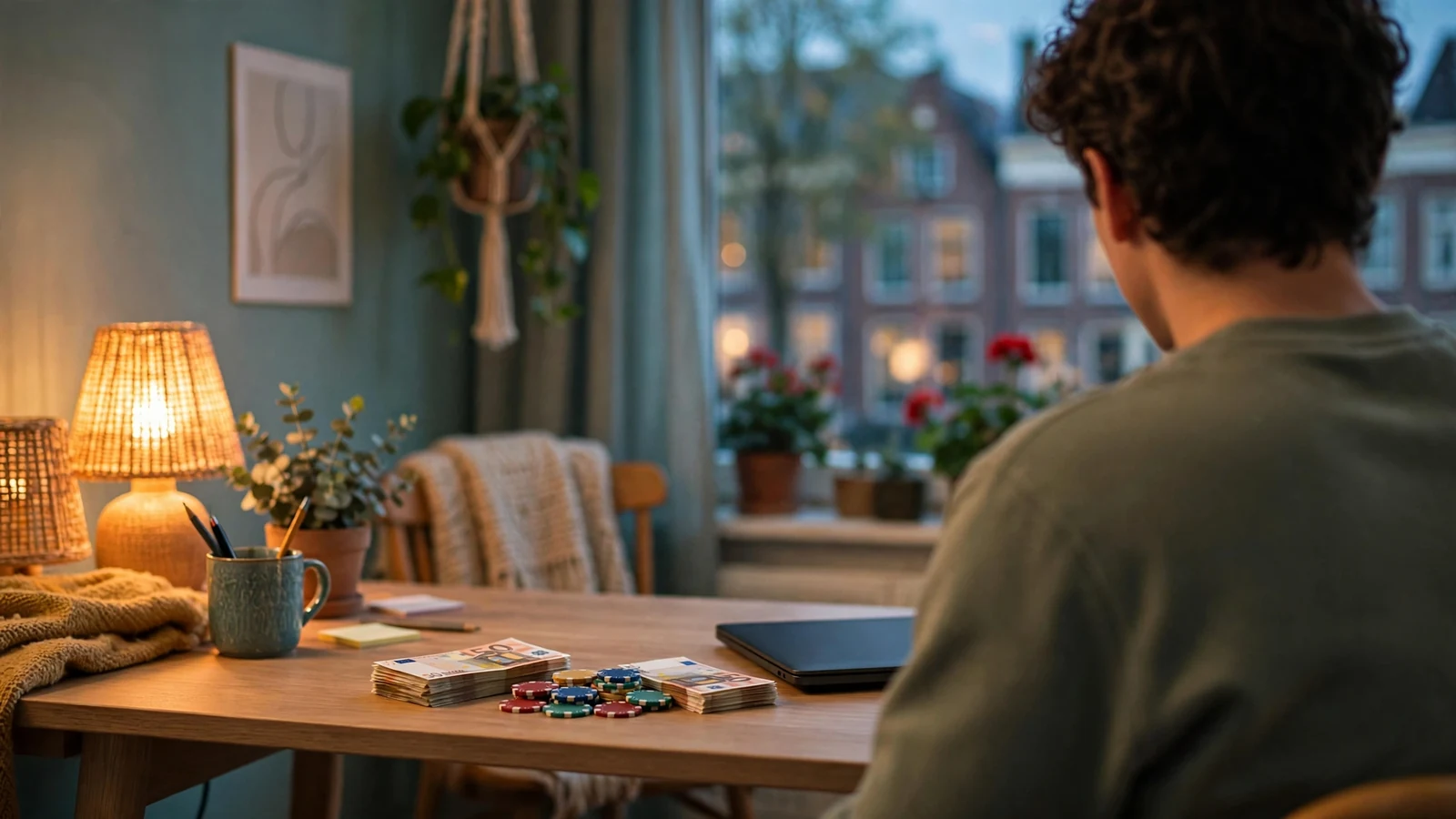 Nederlander legt tien euro en fiches naast een dichtgeklapte laptop