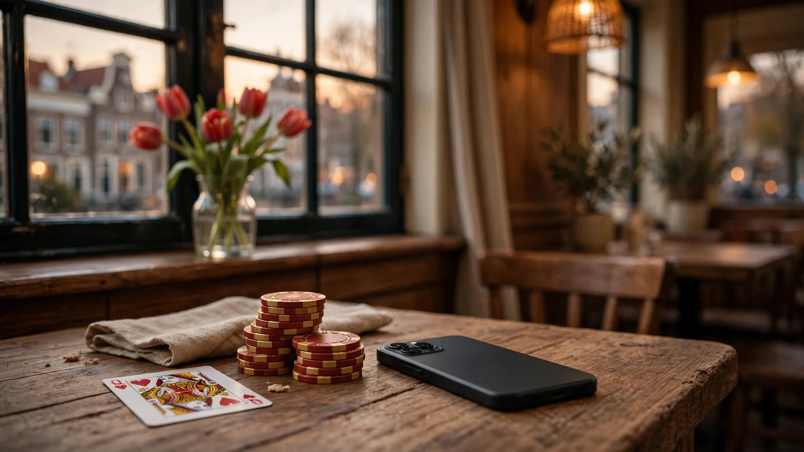 Smartphone op tafel met casinofiches en speelkaart in een Nederlands café