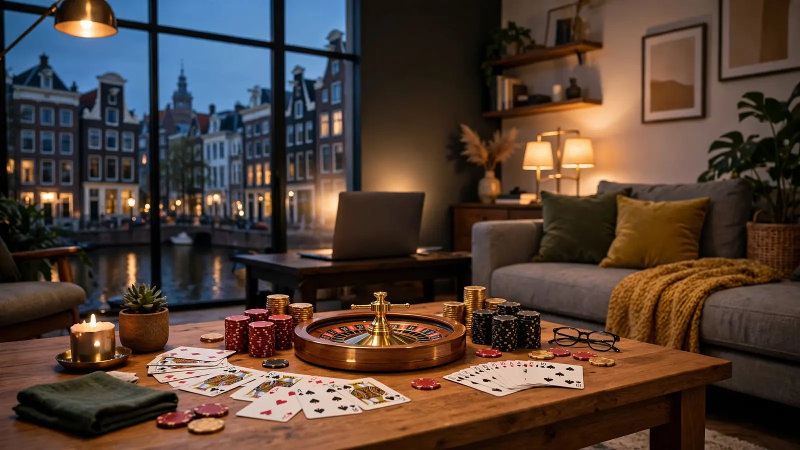 Nederlandse woonkamer met casinofiches, kaarten en roulettewiel voor online toernooi