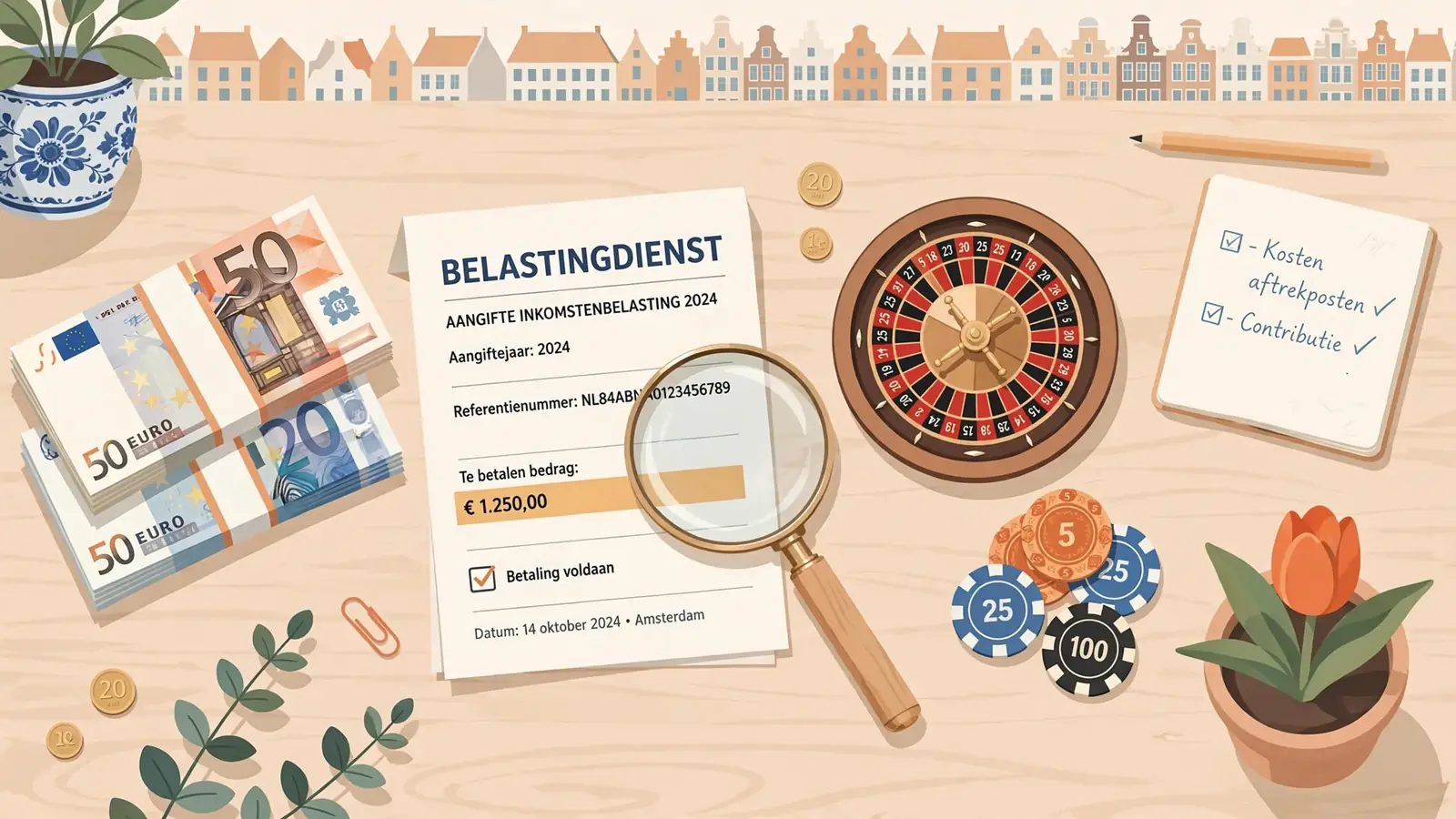 Nederlands bureau met euro's, belastingbon en roulettewiel