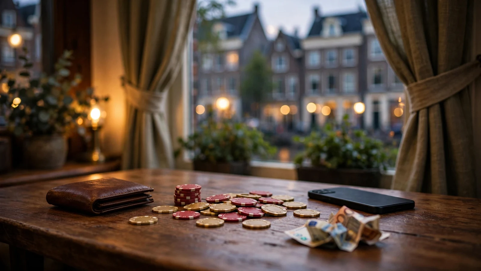 Casinochips, eurobiljetten en een gesloten portemonnee op een houten tafel in een Nederlands interieur