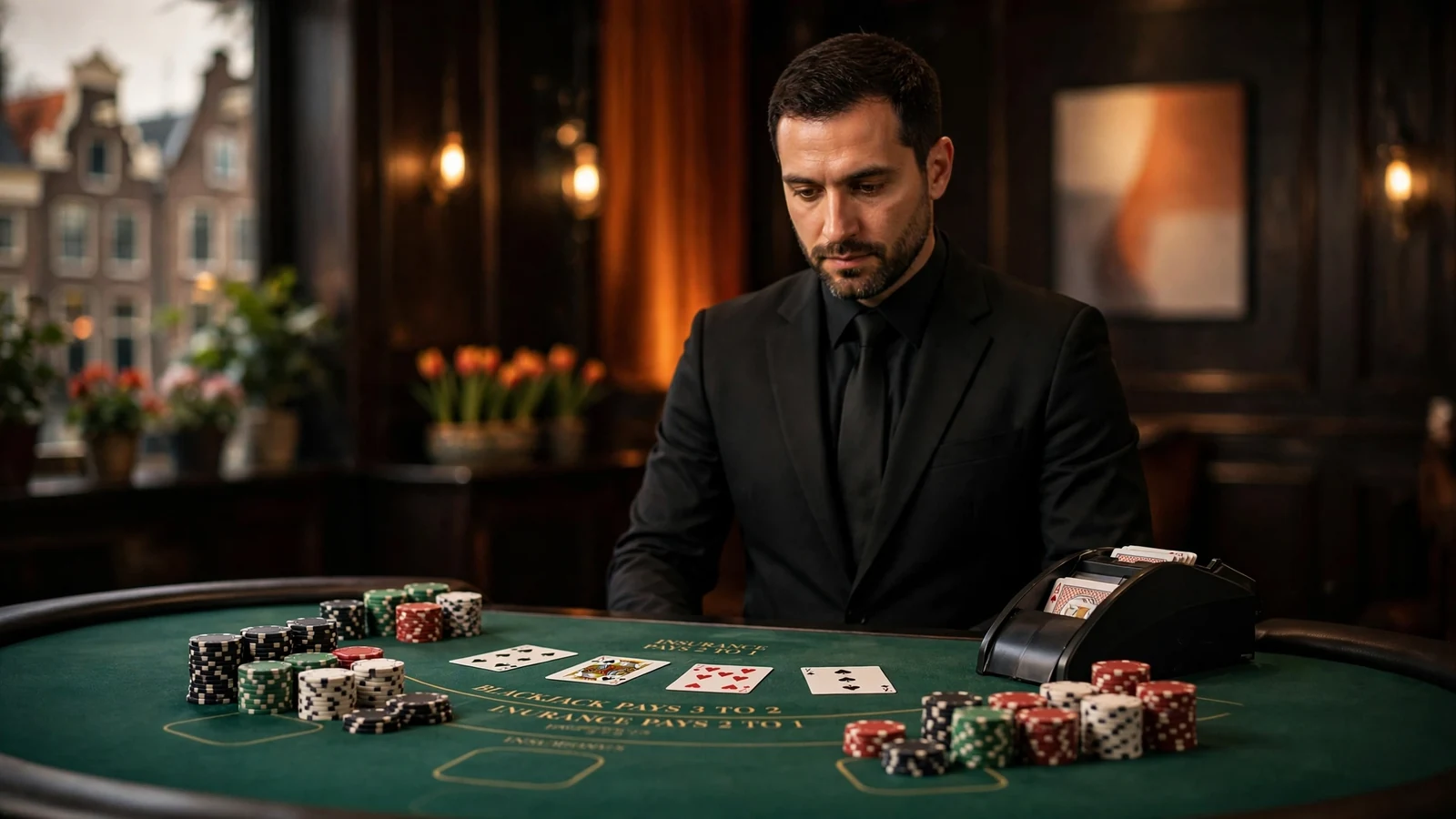 Professionele live dealer in een studio achter een blackjacktafel met fiches