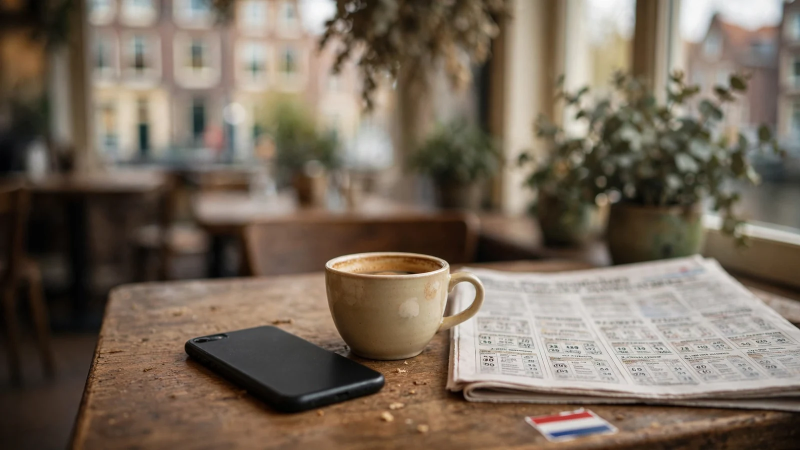 Nederlandse smartphone met loterijadvertentie op tafel in café