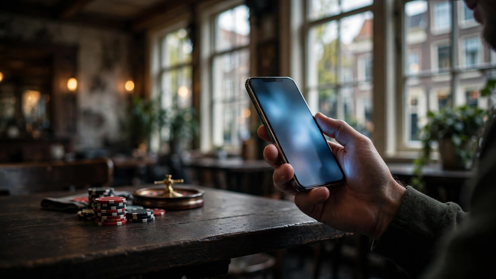 Hand houdt smartphone met wazig scherm naast casinofiches en roulette in Nederlands interieur