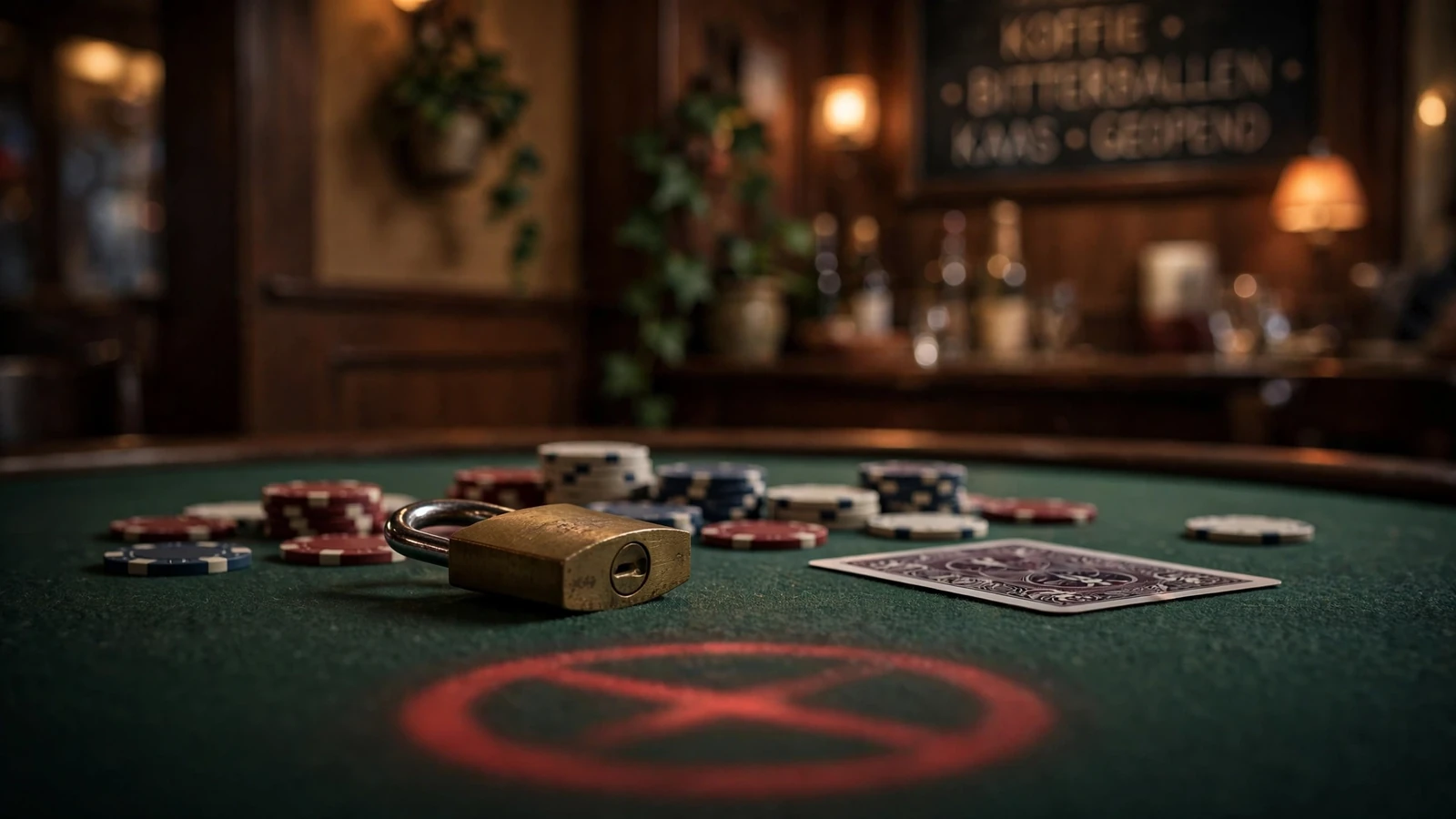 Gesloten hangslot op groene casinotafel met fiches in een Nederlands café