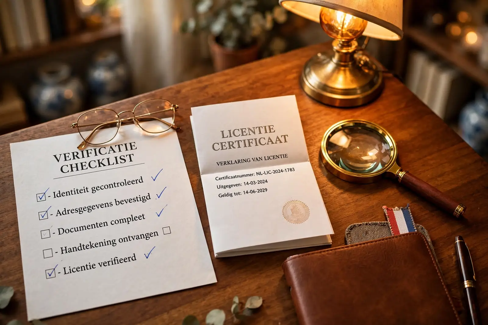 Vergrootglas op een vergunning naast een checklist op een houten tafel.
